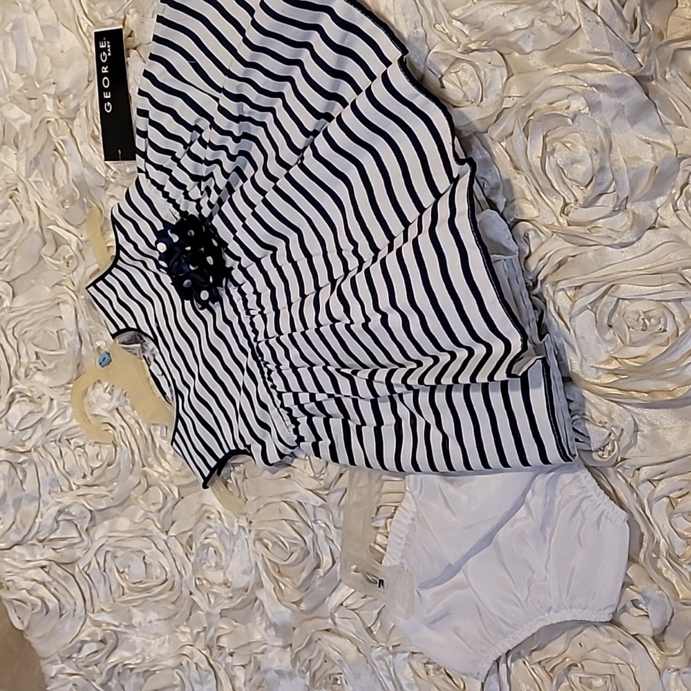 Toddler Dress Navy & White Stripes Floral Accent W/Bloomers Sz 3-6 Months.